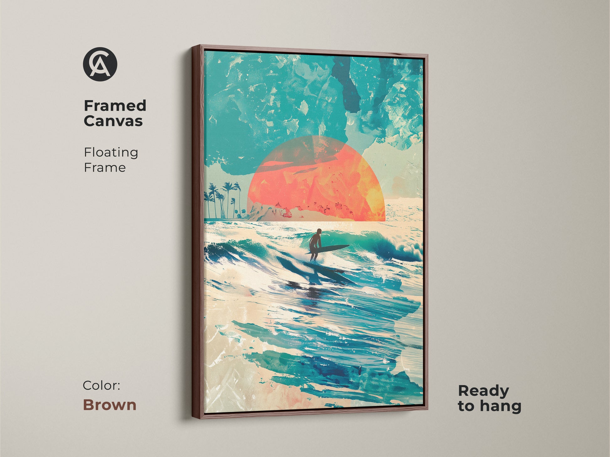 Bring coastal charm to your home with this framed canvas art. A surfer enjoys a wave under a setting sun. The brown floating frame complements the artwork. Ready to hang this canvas will enhance your decor. A perfect blend of art and nature.