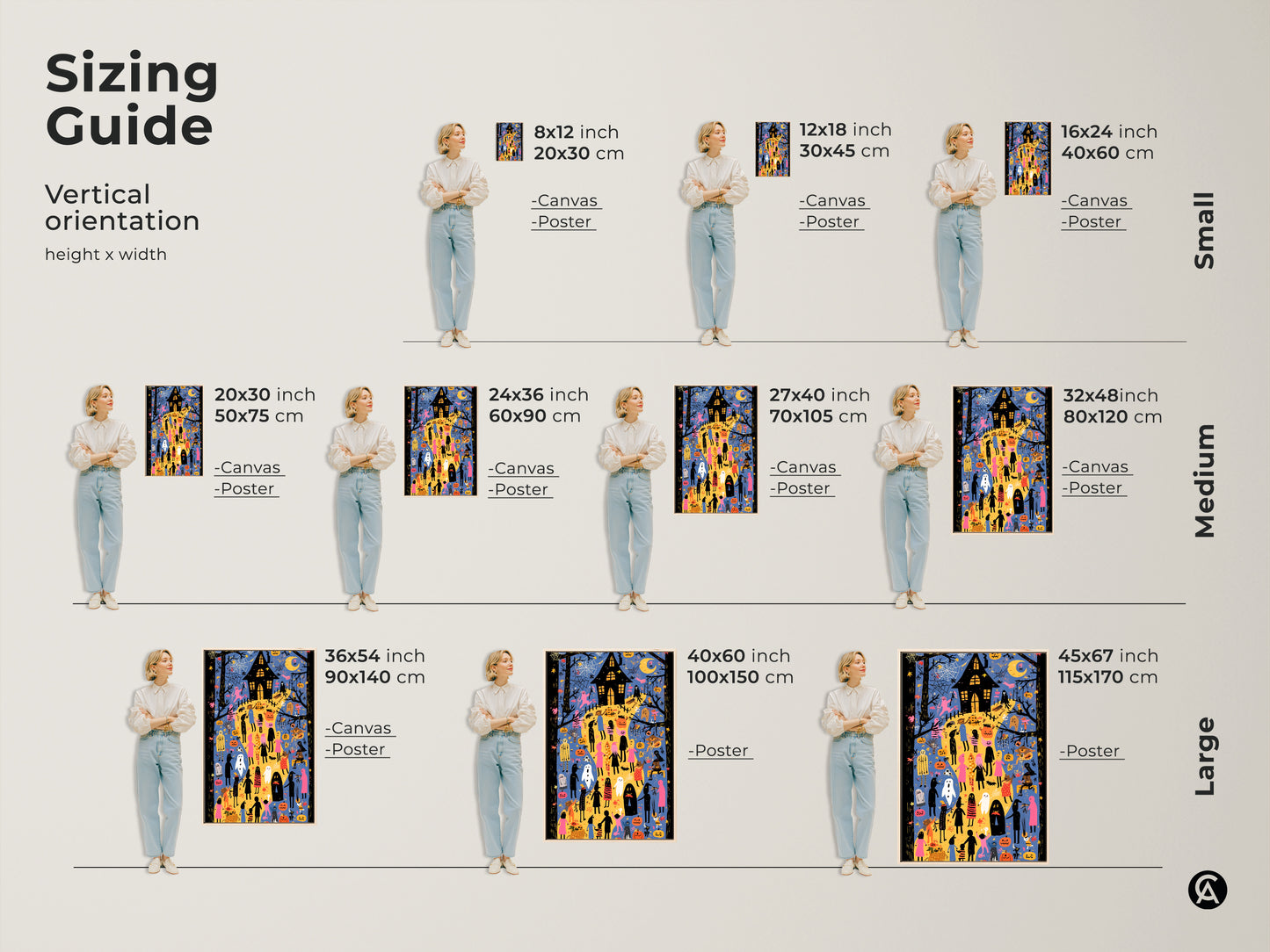 Halloween Art Print Sizing Guide. The visual guide shows the art print in vertical orientations and various sizes for canvas and poster options. See how the spooky cute ghost art fits different spaces. Envision the artwork featuring a haunted house and pumpkins in vibrant blue orange and yellow hues.