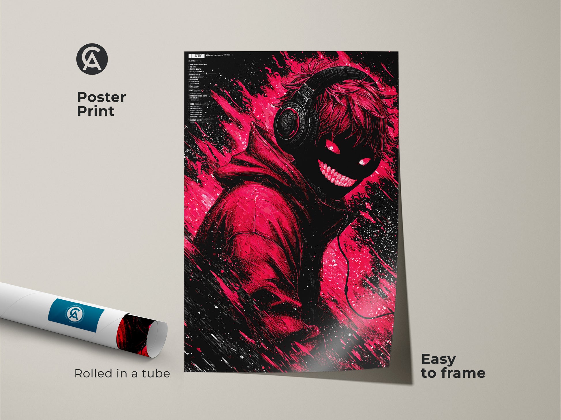Poster print displays a captivating red and black artwork. This features a figure wearing headphones with glowing red eyes. The poster is easy to frame. Enhance your wall decor with this striking art piece.