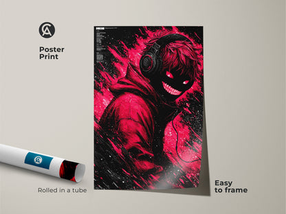 Poster print displays a captivating red and black artwork. This features a figure wearing headphones with glowing red eyes. The poster is easy to frame. Enhance your wall decor with this striking art piece.
