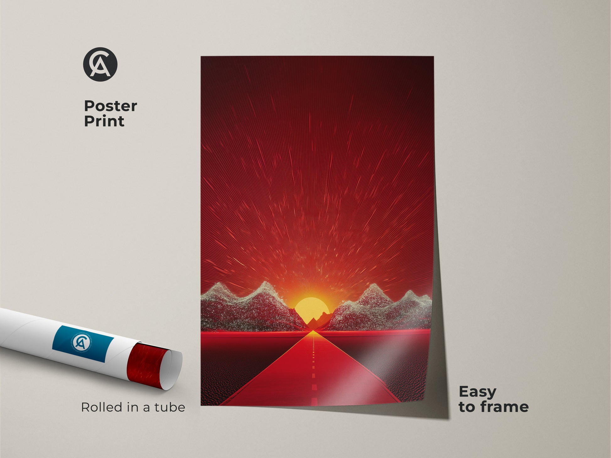 Poster Print of an Abstract Mountain Road Art. The sunset road travel poster is rolled in a tube for easy framing. This retro futurism landscape canvas evokes a sense of journey. It is a unique piece of eclectic wall decor.