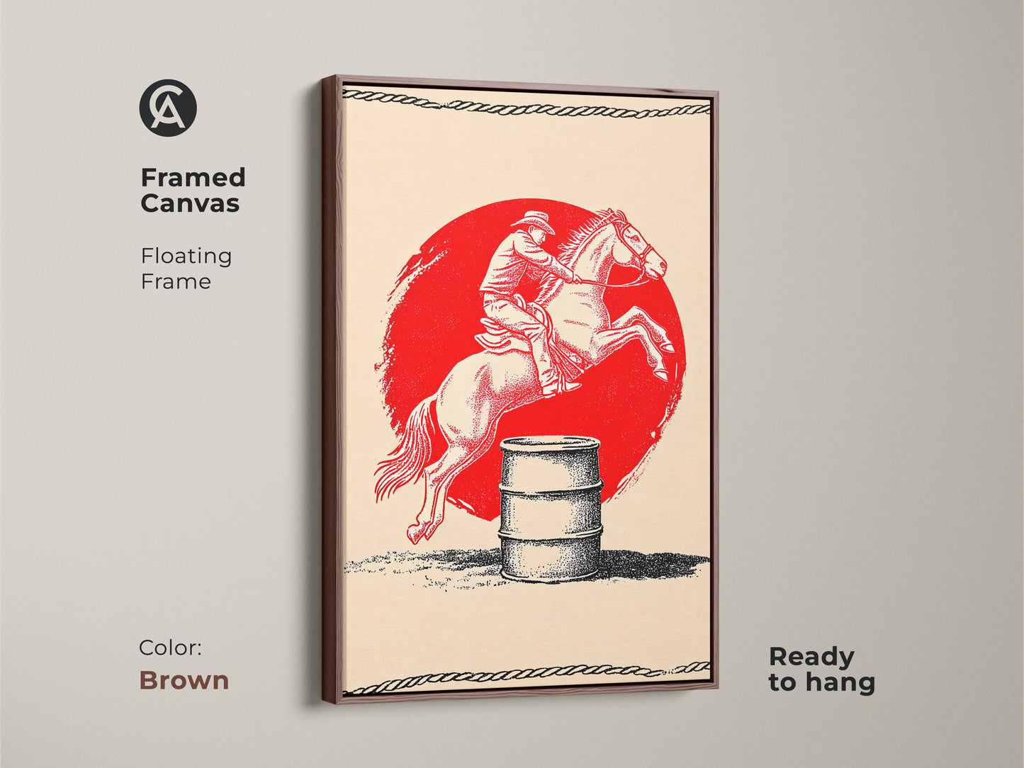 A framed canvas features vintage cowboy barrel racing artwork. The brown frame complements the rustic style. Red black and cream colors stand out. This western wall decor is ready to hang. It brings a classic rodeo touch to any space. Ideal for lovers of equestrian art.