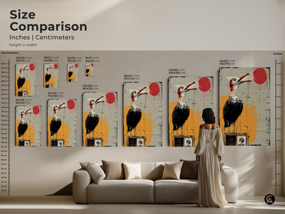 View the size comparison of surreal bird artwork in inches and centimeters. The artwork a bird on a vintage radio fits various spaces. This eclectic piece with red yellow grey tones is perfect for art collectors. Ideal for enhancing study rooms offices. Or give a unique housewarming gift bringing retro charm to any home.