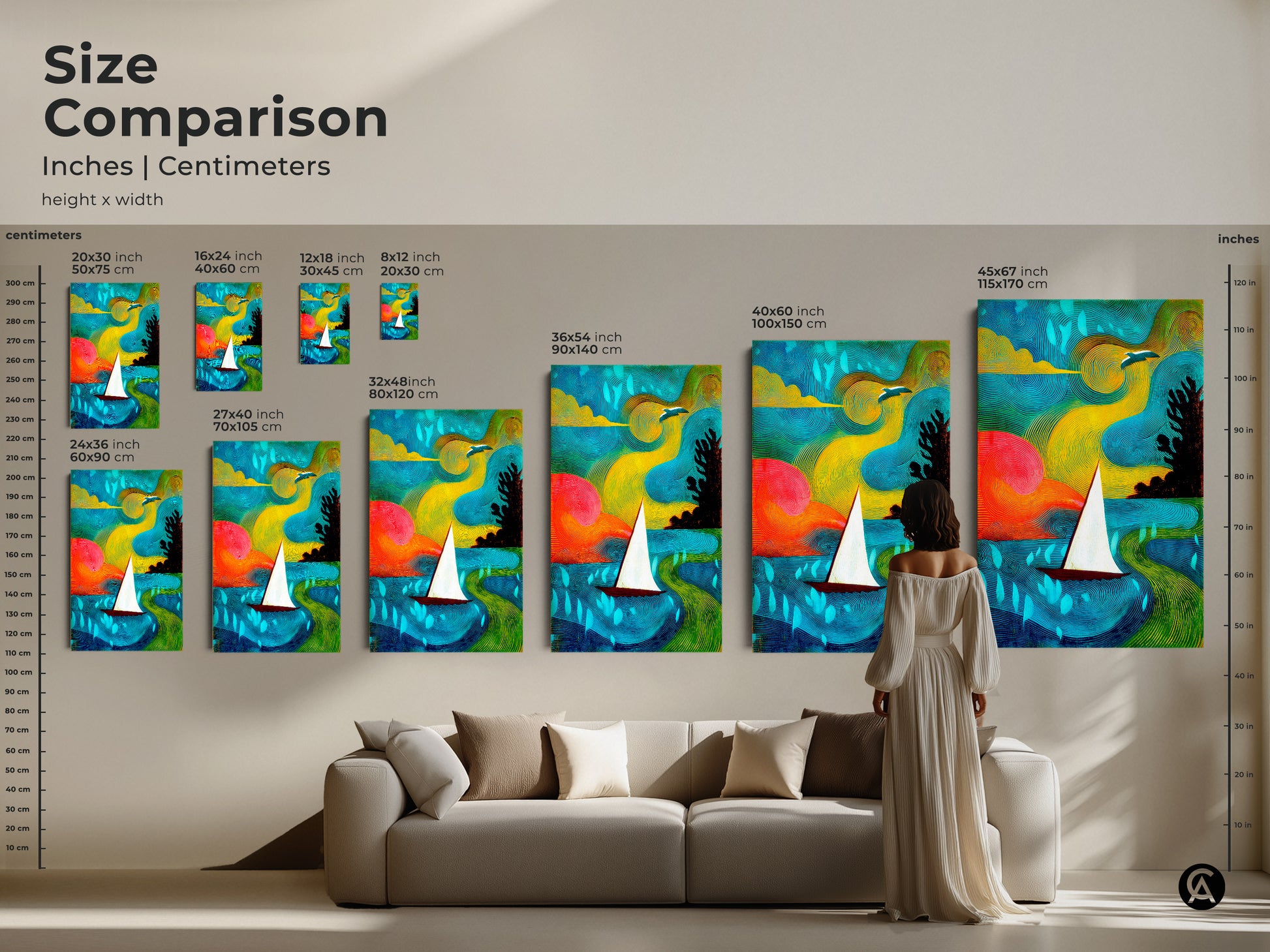 Size comparison of abstract sailboat artwork. See how various canvas sizes look in a living room setting. Teal yellow green artwork adds coastal charm. Find the perfect size for your bohemian home decor today.