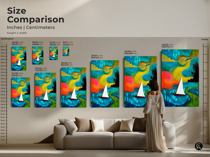 Size comparison of abstract sailboat artwork. See how various canvas sizes look in a living room setting. Teal yellow green artwork adds coastal charm. Find the perfect size for your bohemian home decor today.