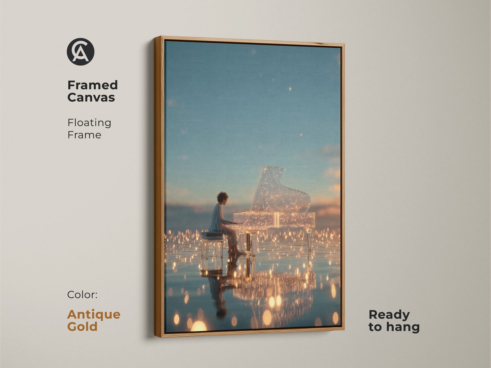 Antique gold framed canvas art showing a pianist playing a crystal grand piano. The floating frame complements the artwork's charm. Ready to hang this piece adds a touch of luxury to your space. Perfect for refined art collectors.