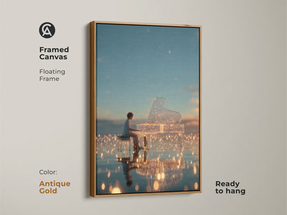 Antique gold framed canvas art showing a pianist playing a crystal grand piano. The floating frame complements the artwork's charm. Ready to hang this piece adds a touch of luxury to your space. Perfect for refined art collectors.