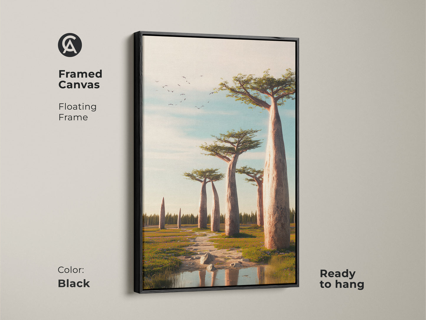 Black framed canvas displaying realistic Baobab trees. The African savanna landscape has earth tones and sky blue. Perfect wall hanging for nature lovers. Ready to hang with a floating frame.