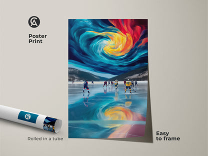 Poster print of an abstract ice rink artwork rolled in a tube. Featuring a modern sports wall art with dynamic blue yellow and teal colors. This contemporary hockey artwork is easy to frame. It makes a great addition to any sports-themed space. This unique hockey gift captures the motion and beauty of the game.