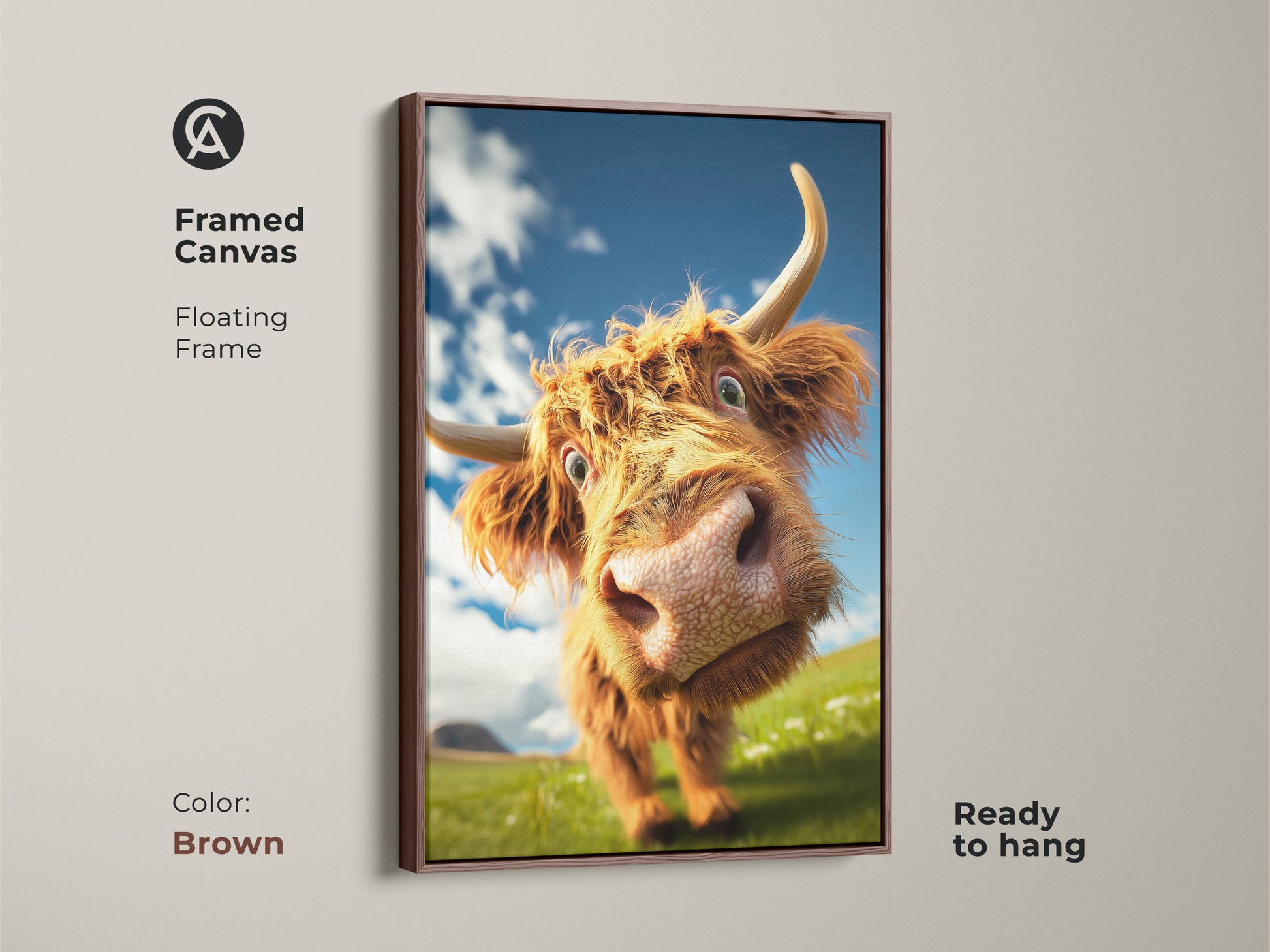 A framed canvas featuring a brown floating frame ready to hang. Cute highland cow face artwork adds rustic charm. Animal lover gift idea for country farmhouse kitchen wall decor.