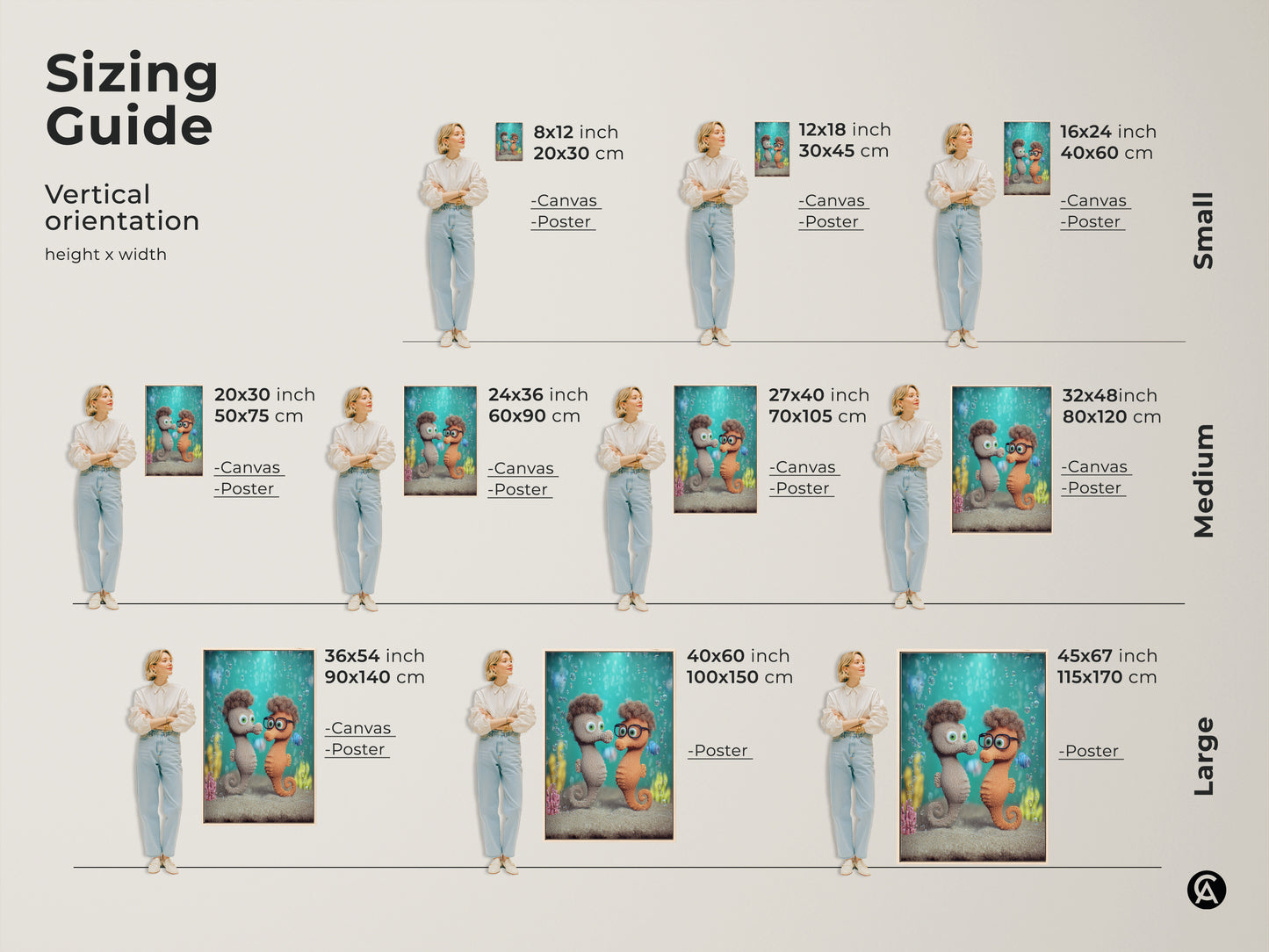 Sizing Guide for the vertical orientation seahorse couple art print. This cute cartoon underwater kids room decor is available in canvas and poster prints. The artwork makes a great baby shower gift.