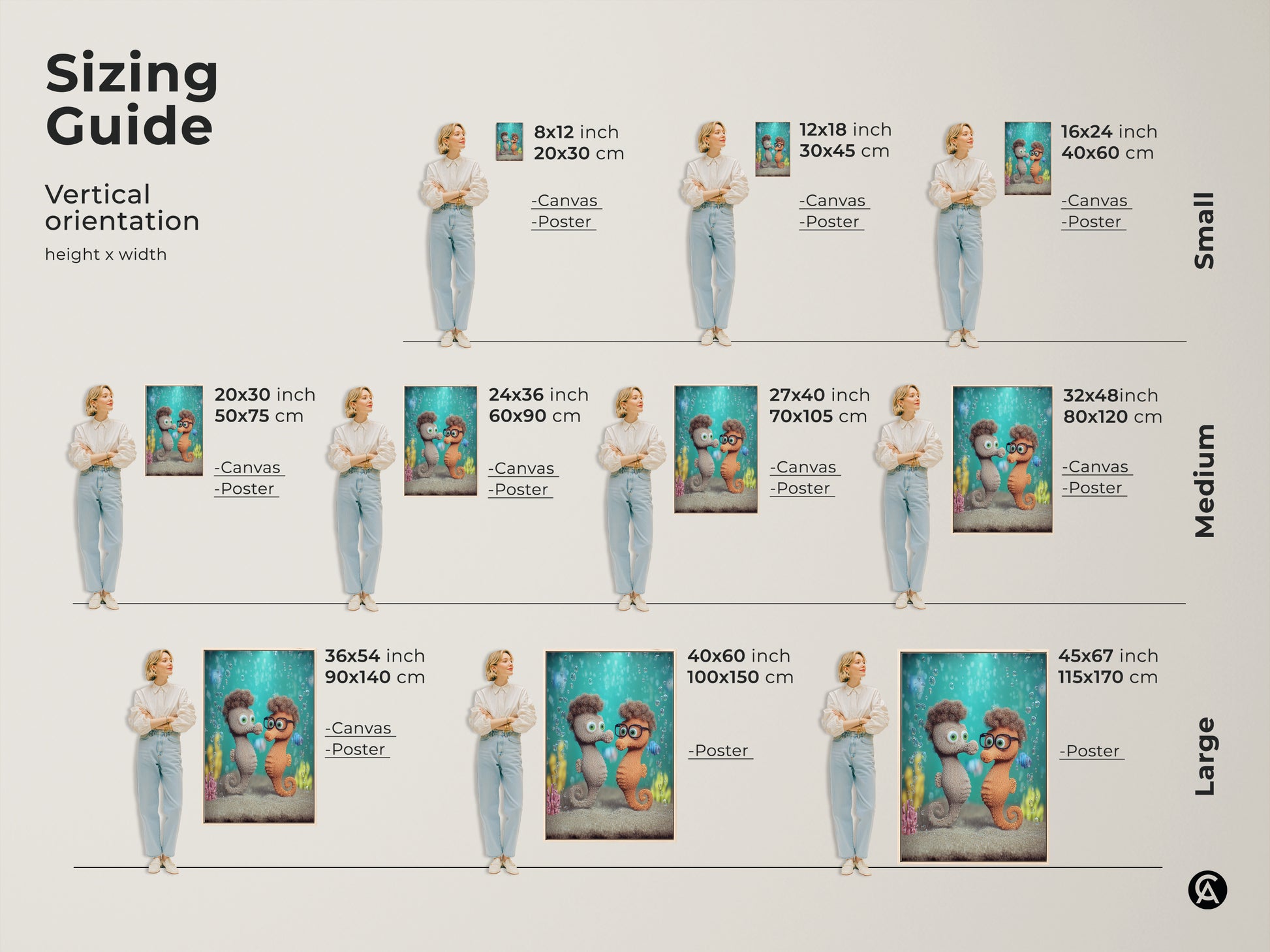 Sizing Guide for the vertical orientation seahorse couple art print. This cute cartoon underwater kids room decor is available in canvas and poster prints. The artwork makes a great baby shower gift.