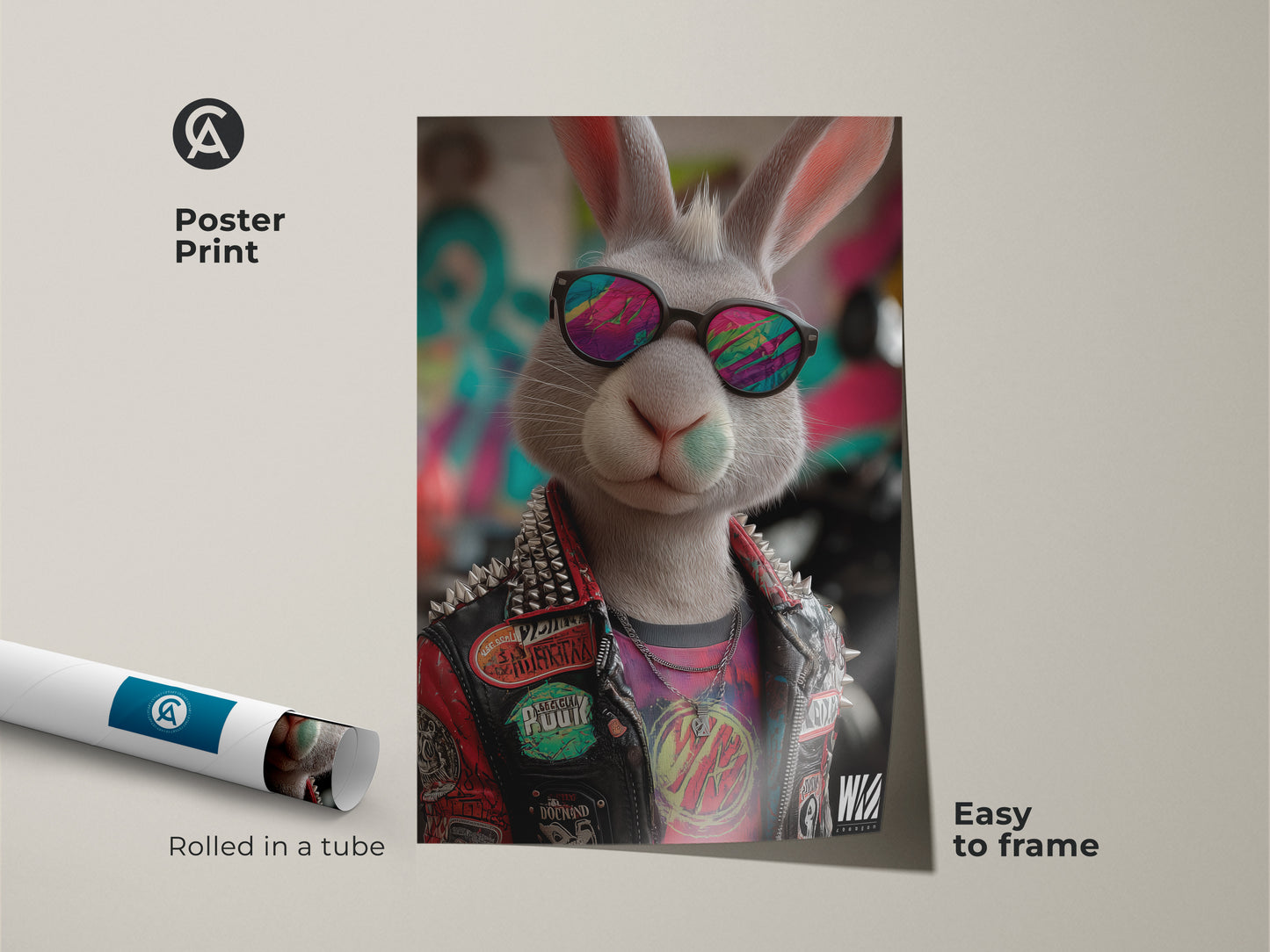 Punk rock bunny poster print rolled in a tube. Features cool sunglasses and graffiti style. Easy to frame for instant wall decor. A unique piece of animal artwork to add an edgy style. Ideal for teen rooms or man caves. It's great for music lovers seeking alternative decor