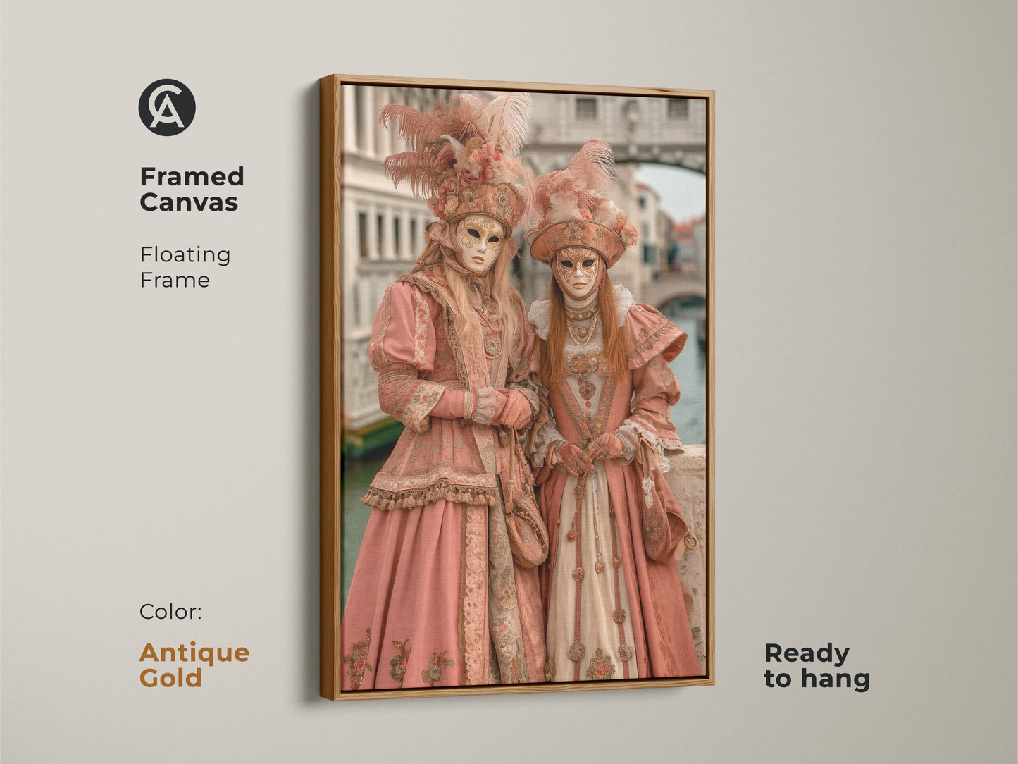 Framed canvas art featuring two figures in Venetian carnival costumes. The antique gold floating frame adds a vintage touch. This ready-to-hang piece enhances your wall decor with elegance. Ideal for lovers of fine art and Venetian culture.
