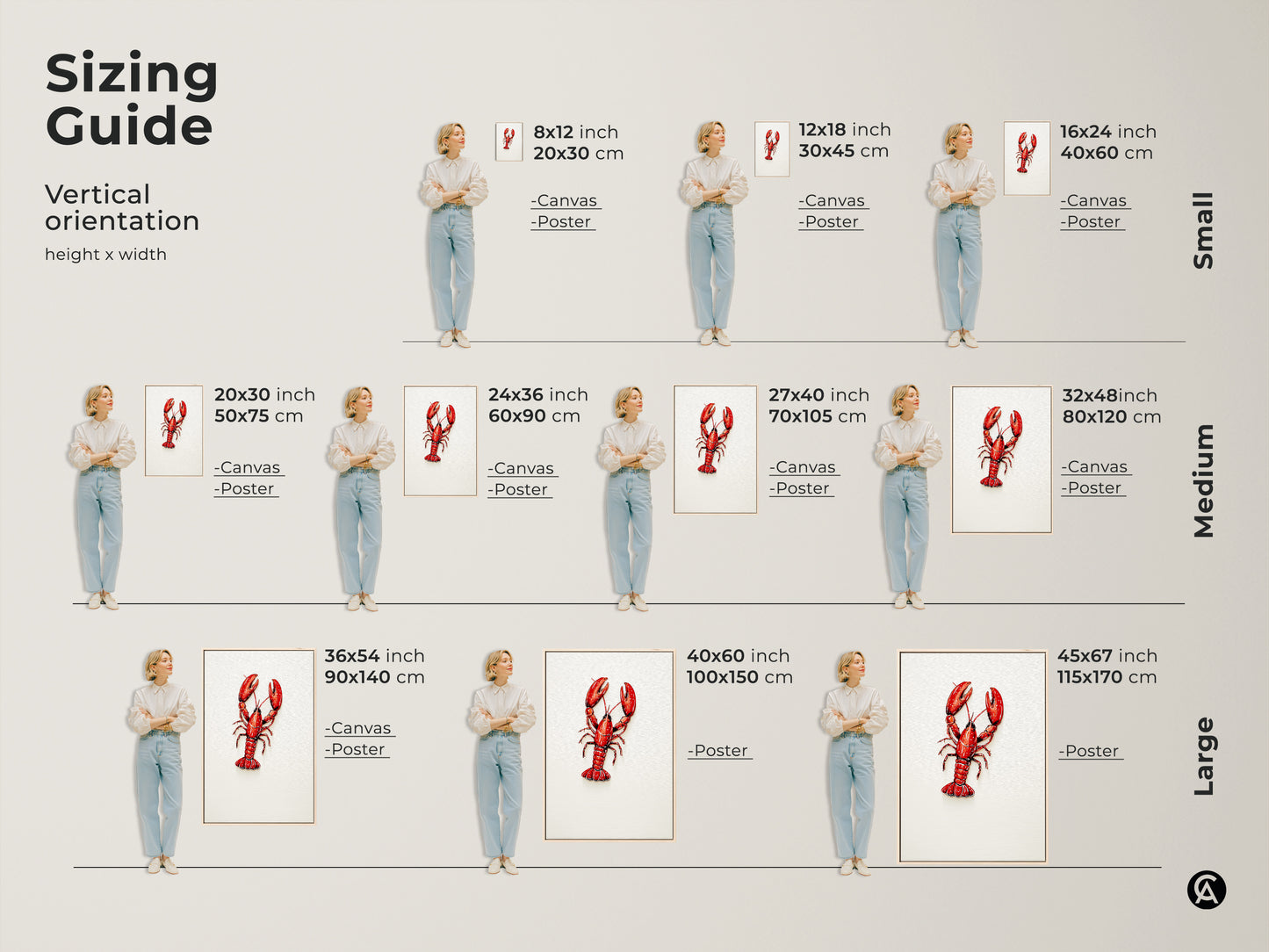Sizing guide for vertical art. Red Lobster Canvas and Poster are available in small medium and large sizes. Choose from 8x12 to 45x67 inches. Find the perfect fit for your space with this vibrant coastal artwork.