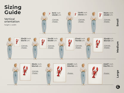 Sizing guide for vertical art. Red Lobster Canvas and Poster are available in small medium and large sizes. Choose from 8x12 to 45x67 inches. Find the perfect fit for your space with this vibrant coastal artwork.