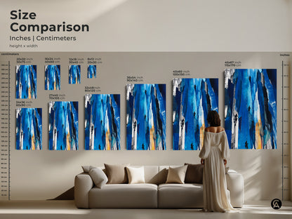 Size comparison of 'Urban Climber Blue Print' artwork in a living room. See how the abstract art fits above a sofa. Options range from small to large. Perfect for modern office decor or a unique home art piece. Transform your space with this cobalt blue wall art.