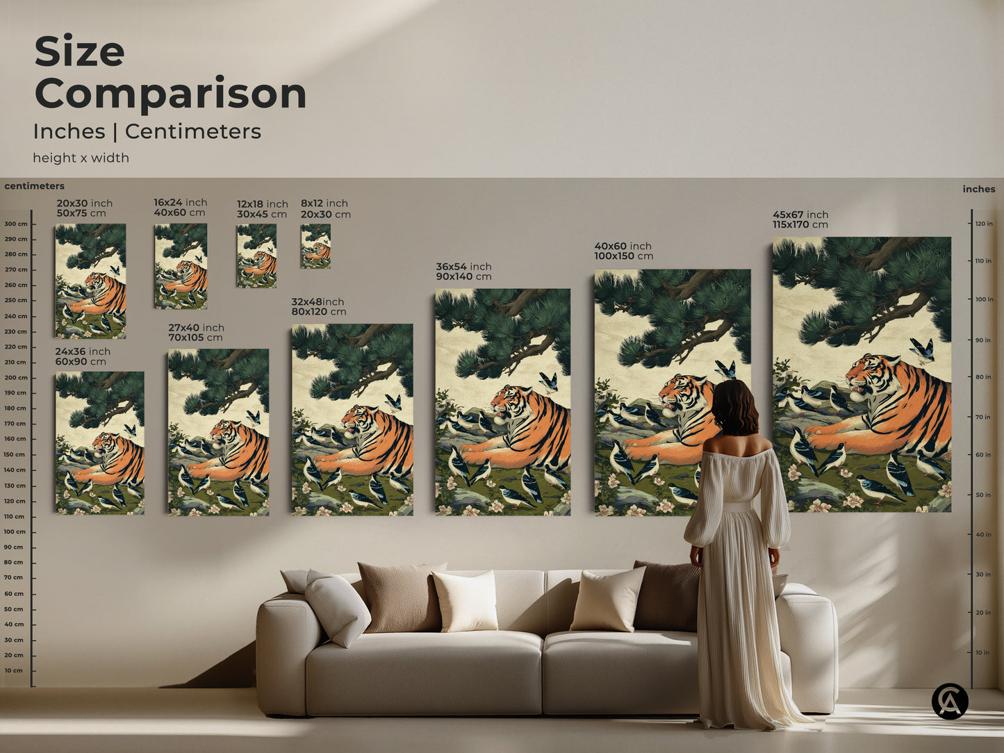 Size comparison of the tiger and bird artwork. Various sizes available in inches and centimeters. A stunning canvas print or poster to enhance your living room bedroom or entryway space.