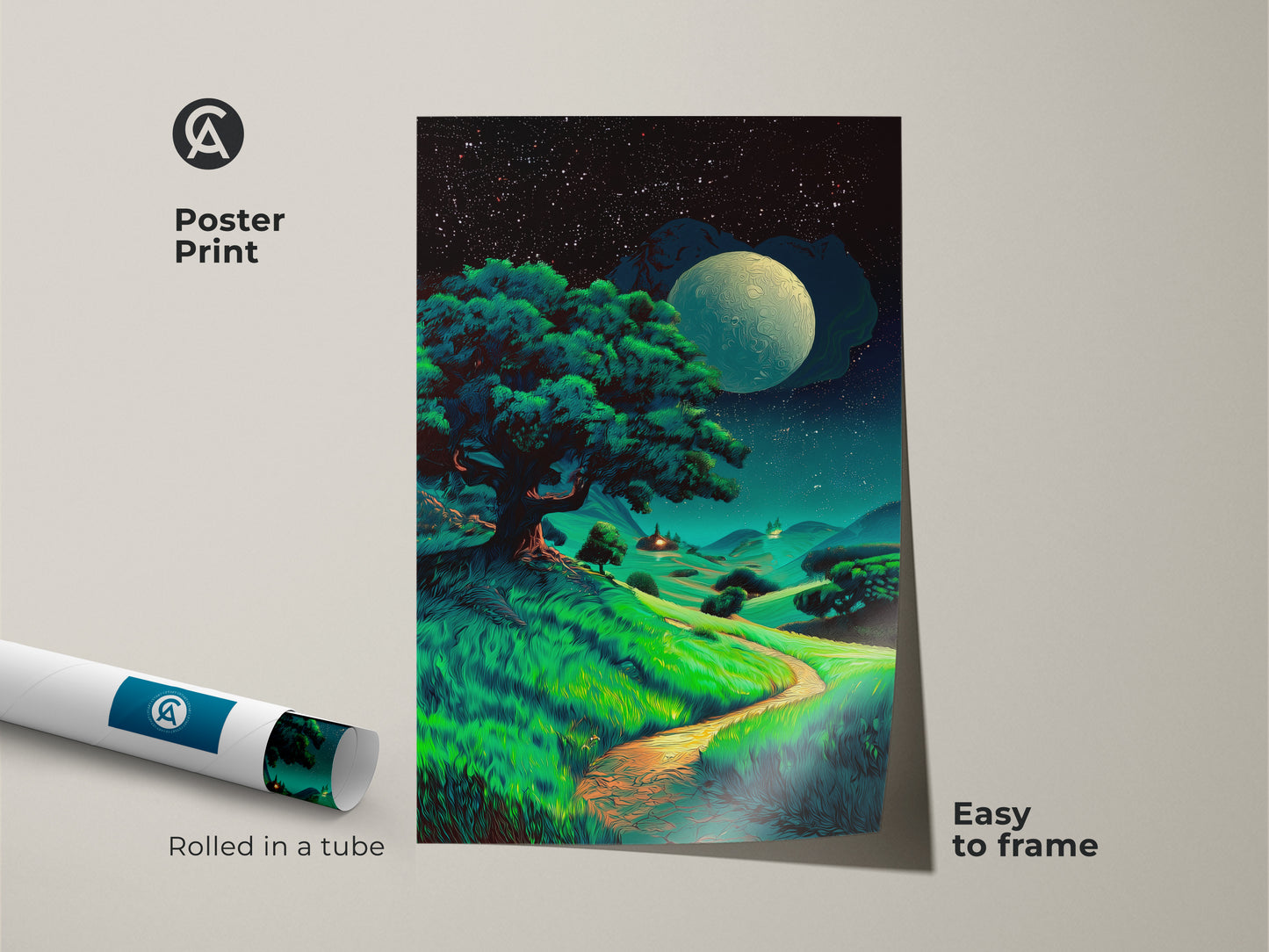 Poster print of moonlit tree artwork. Rolled in a tube this starry night landscape print is easy to frame. A green blue teal fantasy nature print is ready for your wall.