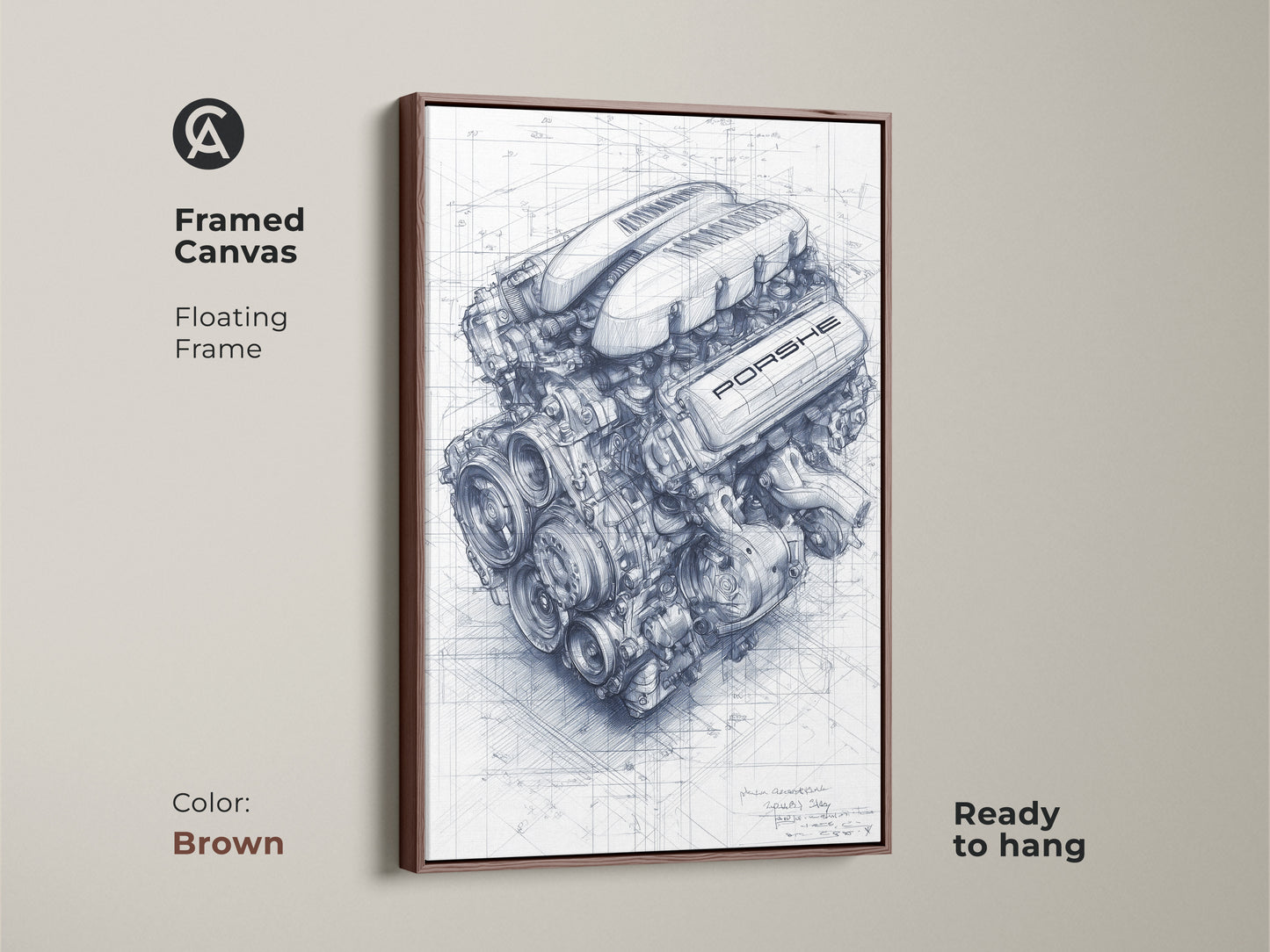 Brown framed canvas featuring a floating frame. It showcases a Porsche engine technical drawing. This automotive art print gift is perfect for car mechanics. Ready to hang auto enthusiast decor.