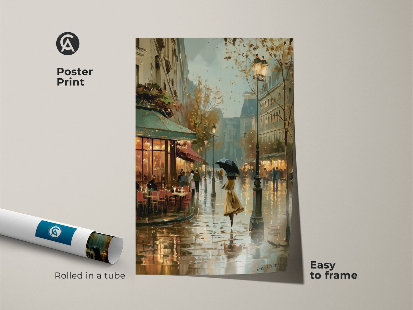 Parisian street art print of a rainy cafe scene. This poster print showcases a woman with an umbrella in an impressionistic style. The easy to frame artwork features a contemporary European cityscape. Rolled in a tube this print is perfect for adding a touch of vintage charm to your dining room art.