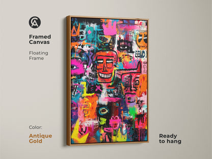 Modern graffiti art in a antique gold floating frame. This colorful artwork features a collection of faces and symbols. The artwork is ready to hang. Add a unique piece to your art collection today.