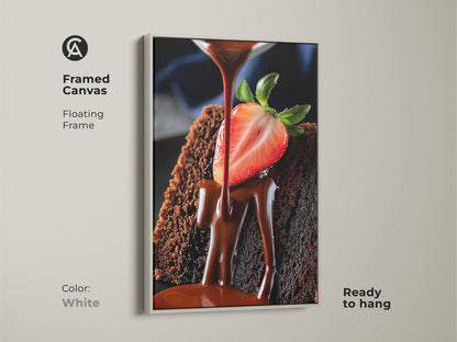 Framed canvas of rich chocolate cake art. It has a floating frame in white. It is ready to hang. This gourmet dessert canvas is perfect for kitchen food photography.