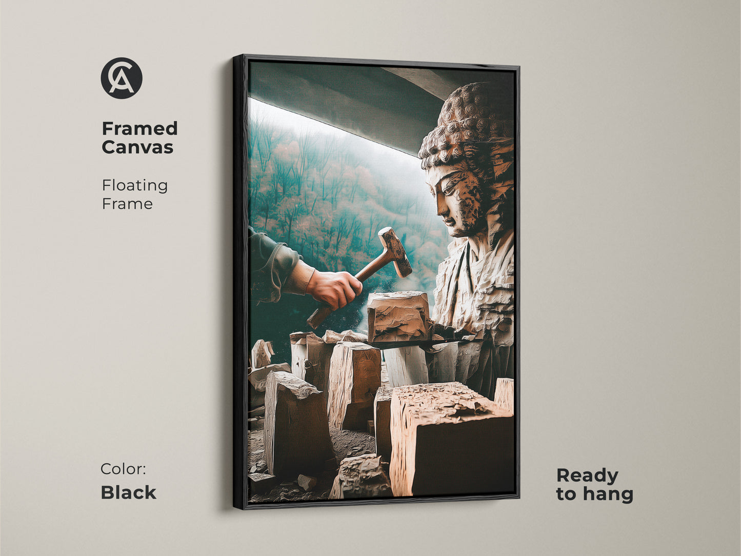 Spiritual Buddha sculpture art in a framed canvas. This artistic figurine canvas print has a floating black frame. The bronze brown and teal spiritual art is ready to hang. Ideal for meditation room decor or study room wall art. This carved Buddha artwork is an artistic home accent