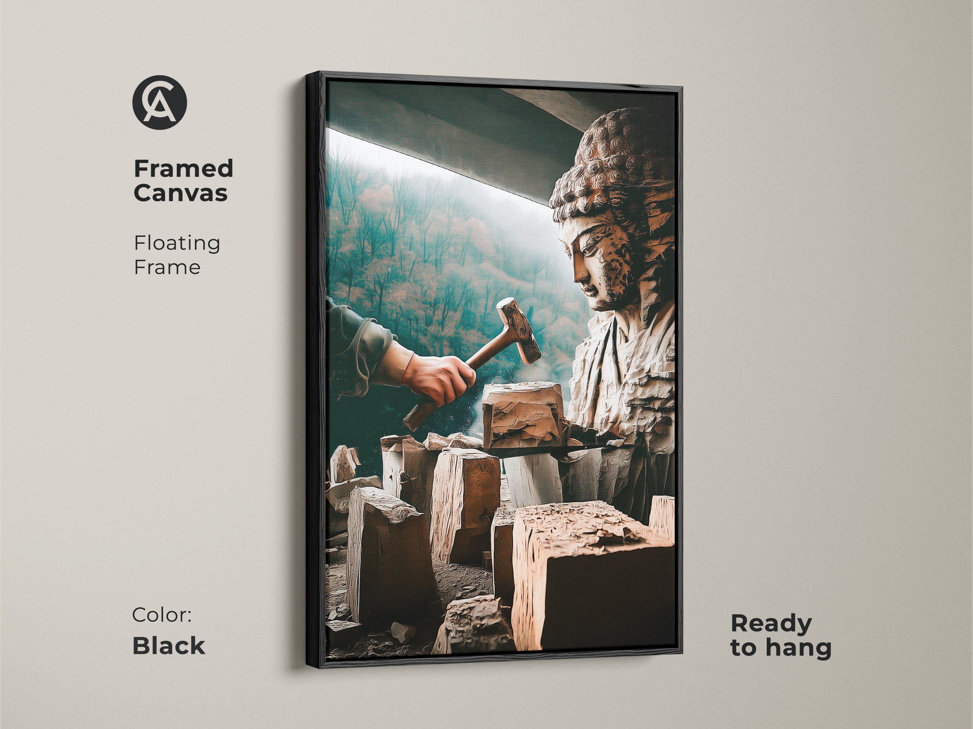 Spiritual Buddha sculpture art in a framed canvas. This artistic figurine canvas print has a floating black frame. The bronze brown and teal spiritual art is ready to hang. Ideal for meditation room decor or study room wall art. This carved Buddha artwork is an artistic home accent