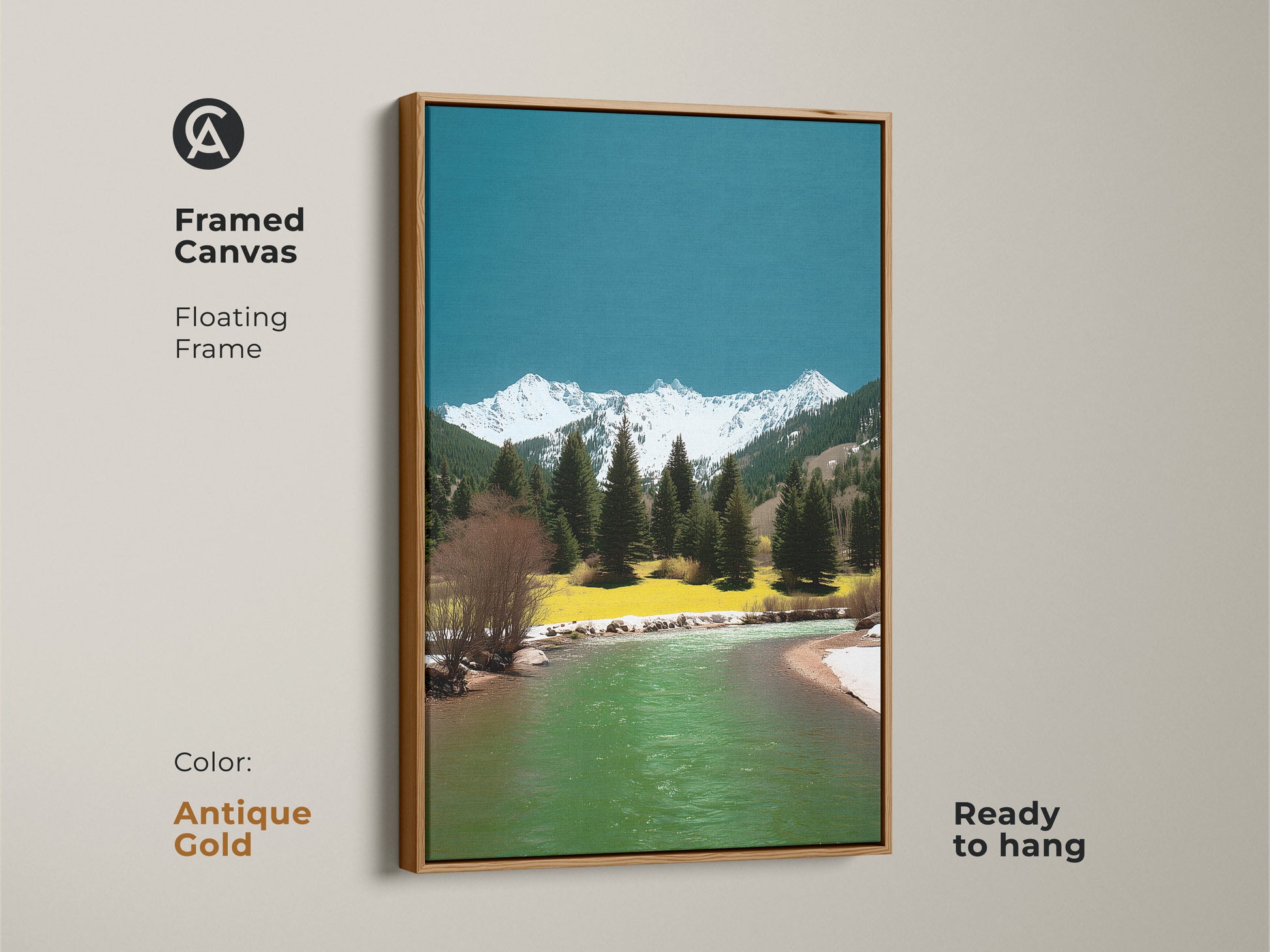 Framed canvas with a floating frame showcasing a mountain river artwork. The antique gold frame highlights the pine trees snowy peaks and teal-green water. Ready to hang this piece adds serene beauty. Perfect for nature inspired decor.