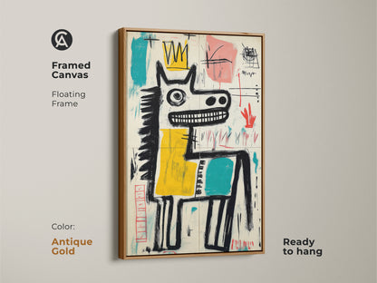 Framed canvas art print with an antique gold floating frame. This artwork shows a horse wearing a crown. It's ready to hang and easy to display. Add a touch of elegance to your home decor. A stunning piece.