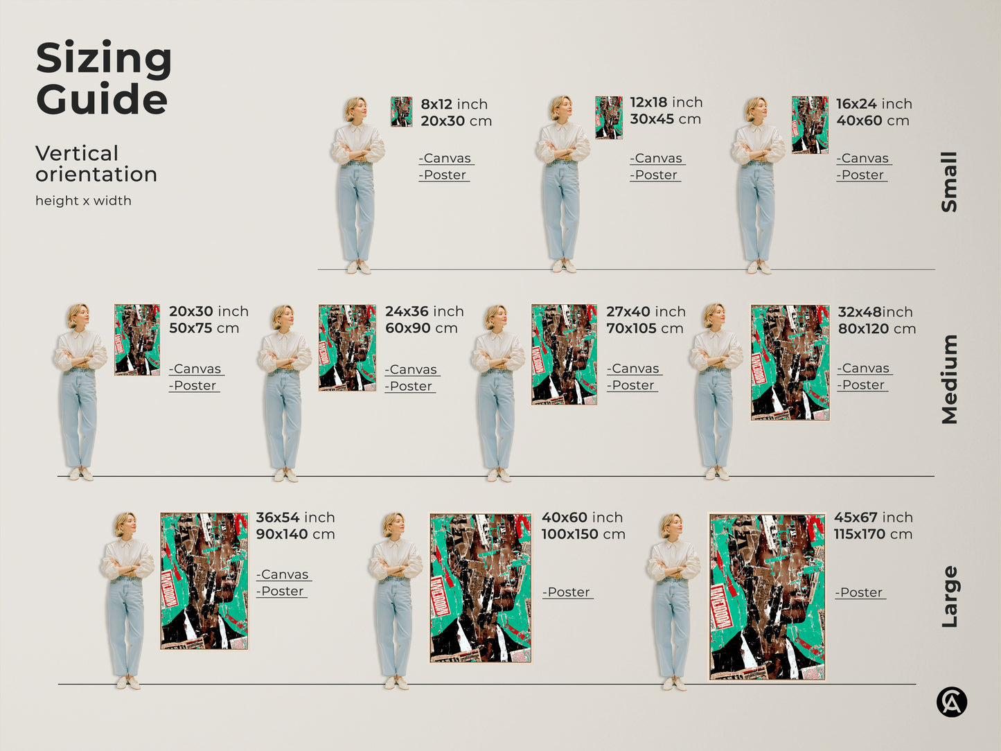 Sizing guide for vertical abstract collage art. This urban portrait print is available in canvas and poster options. Find small medium and large sizes to fit your wall. Perfect for home office or living room decor.