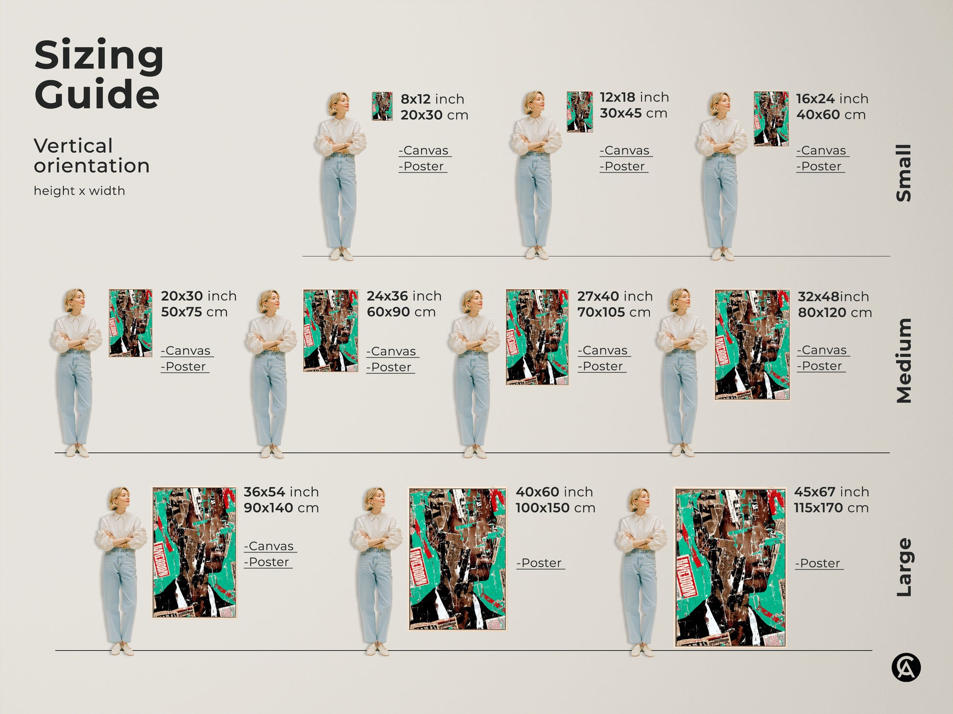 Sizing guide for vertical abstract collage art. This urban portrait print is available in canvas and poster options. Find small medium and large sizes to fit your wall. Perfect for home office or living room decor.