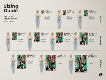 Sizing guide for vertical abstract collage art. This urban portrait print is available in canvas and poster options. Find small medium and large sizes to fit your wall. Perfect for home office or living room decor.