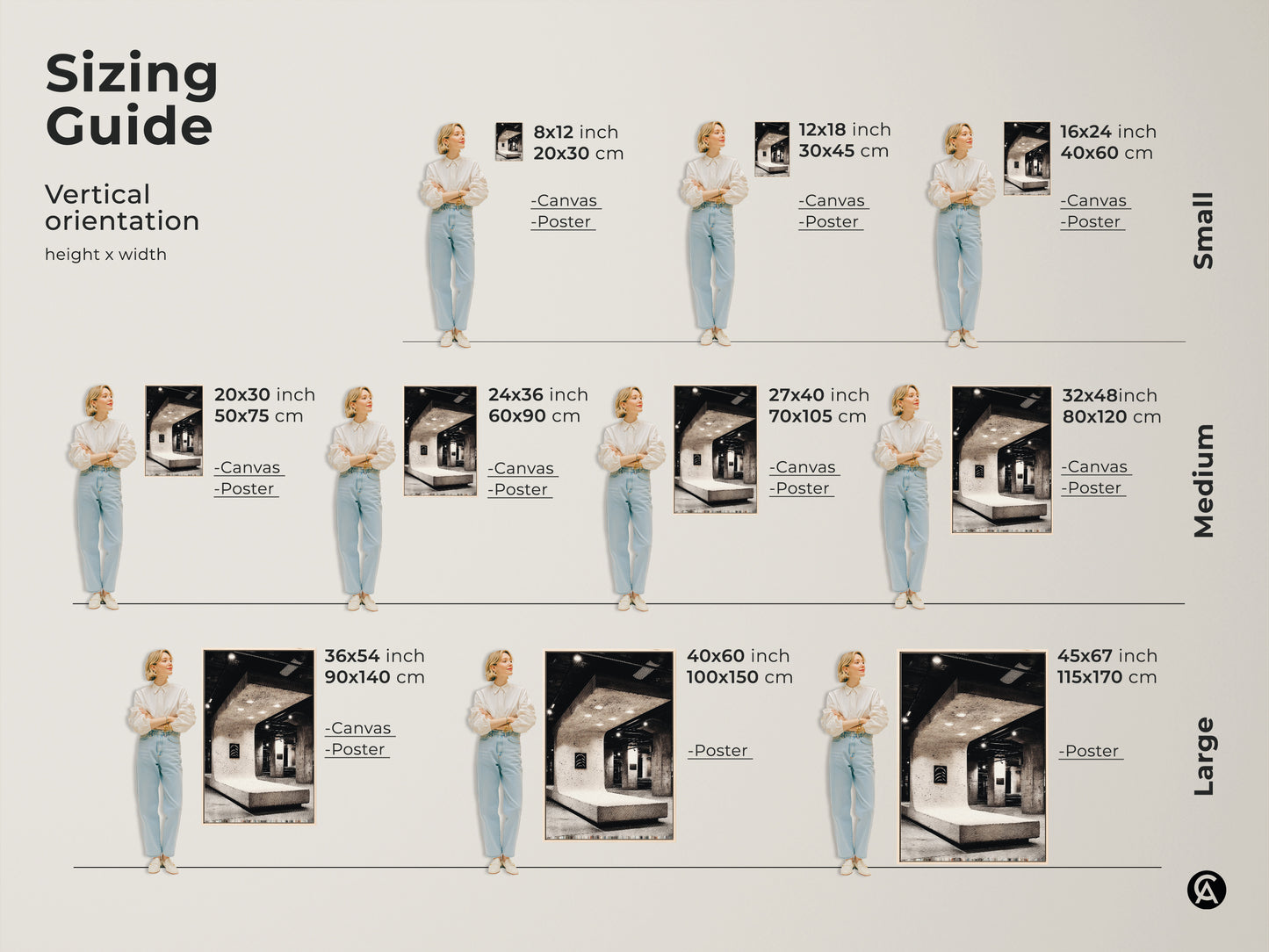 Sizing guide for Brutalist art print in vertical orientation. Choose from various sizes for canvas or poster. Black and white minimalist abstract art enhances any loft or office. Perfect for architecture enthusiasts. Transform your space with the perfect size.