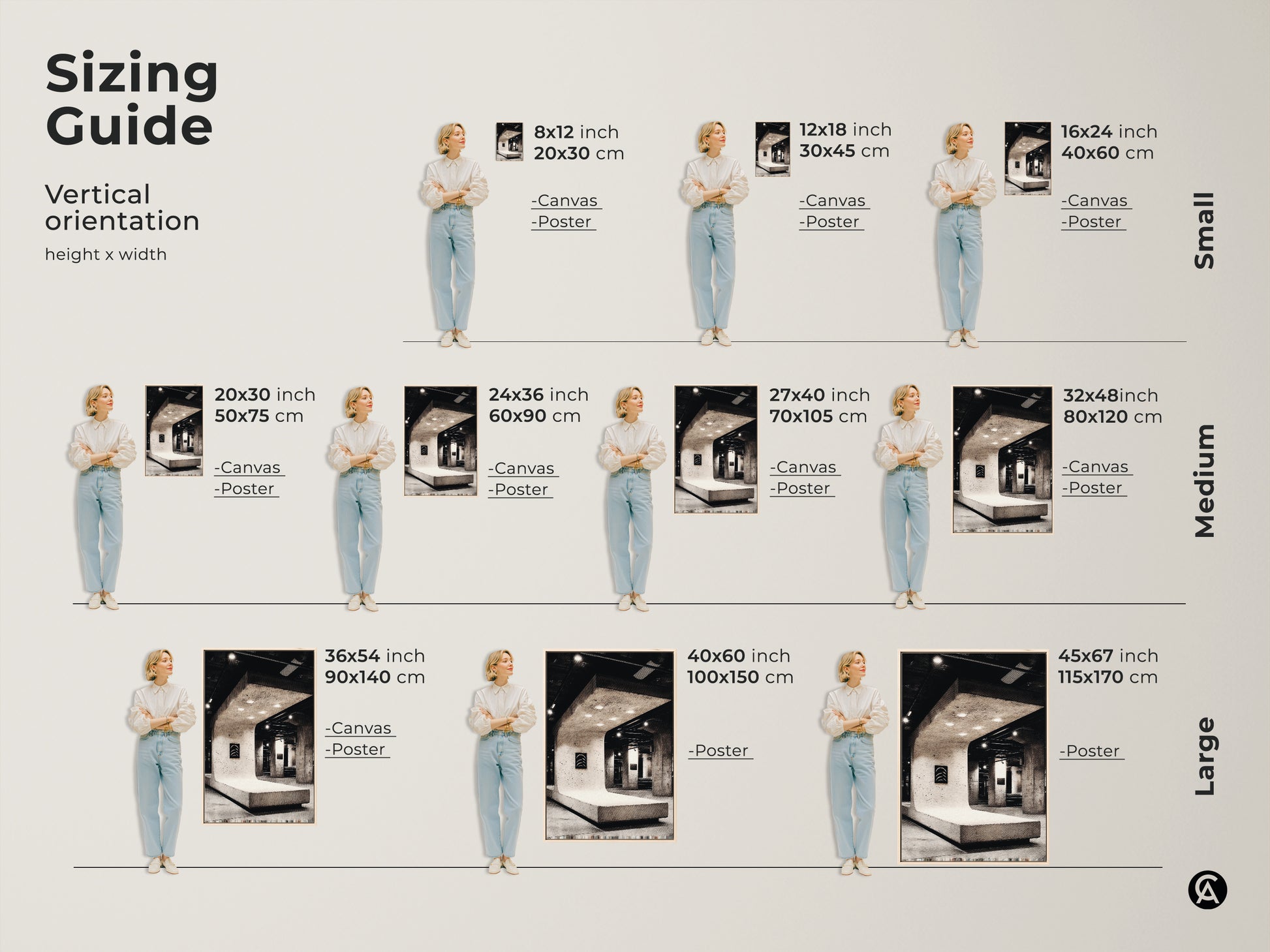 Sizing guide for Brutalist art print in vertical orientation. Choose from various sizes for canvas or poster. Black and white minimalist abstract art enhances any loft or office. Perfect for architecture enthusiasts. Transform your space with the perfect size.