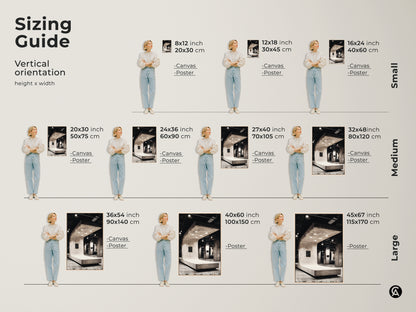 Sizing guide for Brutalist art print in vertical orientation. Choose from various sizes for canvas or poster. Black and white minimalist abstract art enhances any loft or office. Perfect for architecture enthusiasts. Transform your space with the perfect size.