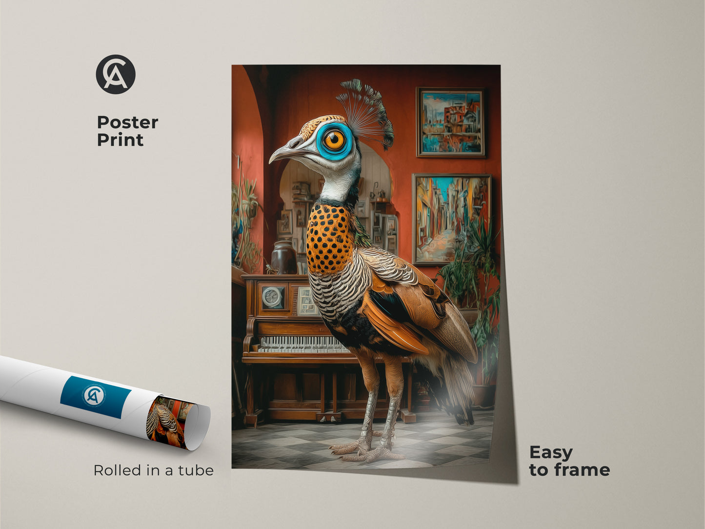 The surreal peacock poster print arrives rolled in a tube ready to frame. The bird painting print showcases ornate detail with blue orange and teal accents. A perfect gift for art lovers this piece brings eclectic charm. Enhance your space with this unique wall accent.