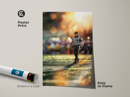 Poster print of a football referee in action on the field. This sports action photography is easy to frame. Rolled in a tube for protection. A unique piece of football field artwork for any sports fan's collection.