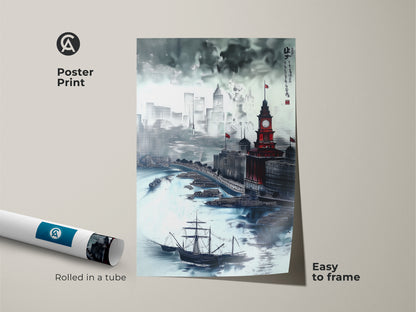 Poster print of a traditional Chinese painting. This ink wash cityscape features tall ships and a clock tower. The maritime architecture art is easy to frame. Rolled in a tube it's a great traveler gift. Add nautical wall art to your home.