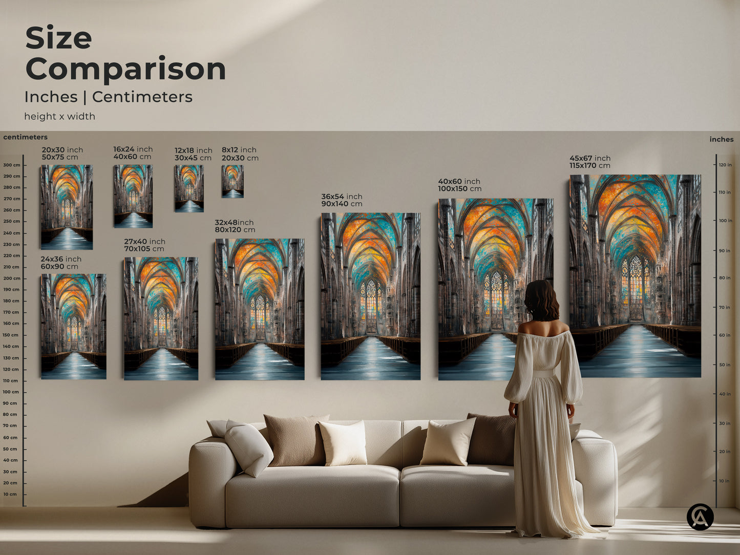 Compare sizes of this Gothic cathedral artwork in inches and centimeters. The canvas and poster art options bring architectural beauty to any space. Picture this traditional Impressionistic art featuring stained glass windows in your living room with orange blue and teal tones.