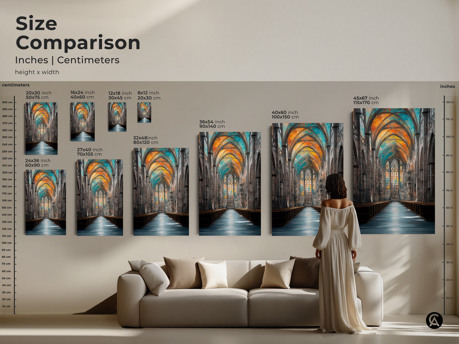 Compare sizes of this Gothic cathedral artwork in inches and centimeters. The canvas and poster art options bring architectural beauty to any space. Picture this traditional Impressionistic art featuring stained glass windows in your living room with orange blue and teal tones.