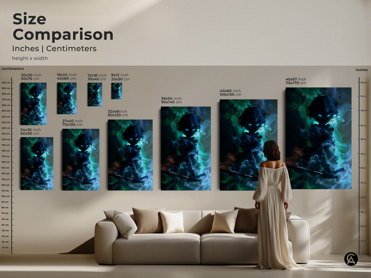 Size comparison of anime fantasy art prints. The canvas is shown next to a sofa and person. Dark fantasy warrior demon art with blue green teal hues is an eclectic choice.