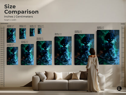 Size comparison of anime fantasy art prints. The canvas is shown next to a sofa and person. Dark fantasy warrior demon art with blue green teal hues is an eclectic choice.