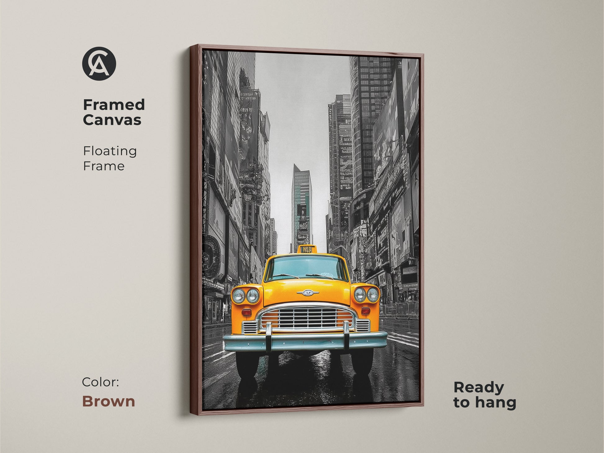 This framed canvas art features a yellow taxi in NYC Times Square. The floating brown frame enhances the modern aesthetic. A premium canvas print ready to hang makes for effortless display. It's an ideal piece for lovers of city transportation artwork.