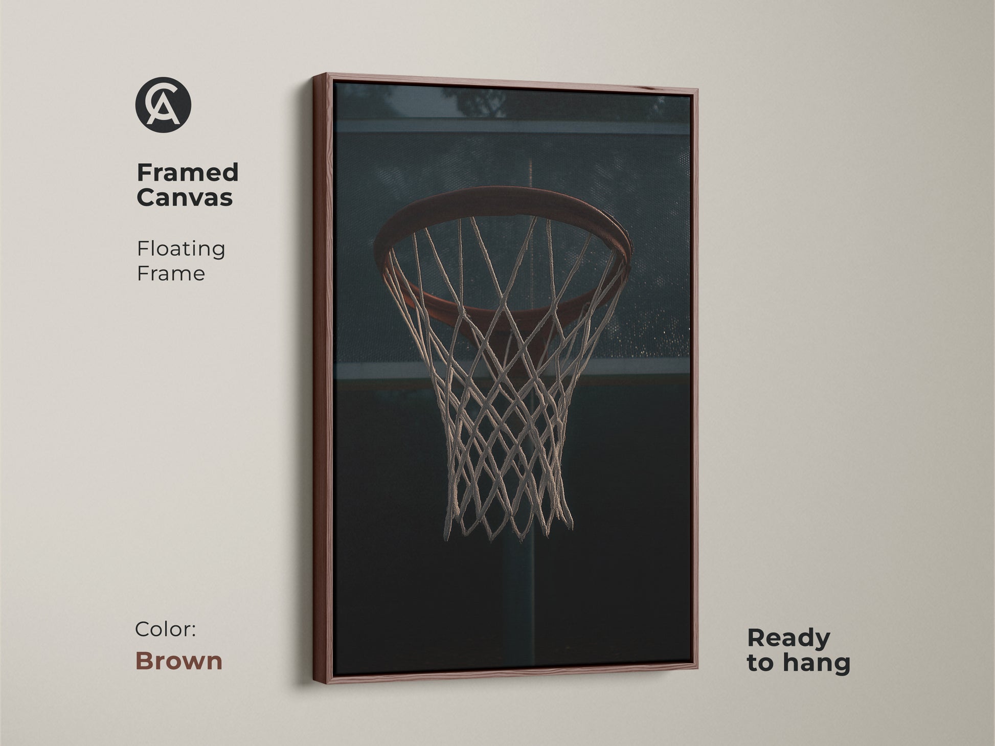 Framed canvas with basketball hoop artwork in a floating frame. The brown frame complements the industrial sports decor. This ready-to-hang game room artwork adds a touch of athletic grit. This dark red basketball art is great for sports fans.