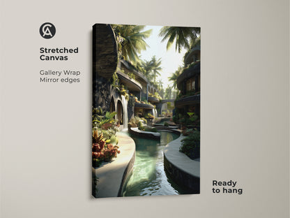 Stretched canvas print featuring a tropical resort scene. A waterfall cascades beside palm trees enhancing the biophilic design. Gallery wrapped with mirrored edges this artwork is ready to hang. The green and blue tones add a modern tropical touch. Ideal for eclectic bedroom decor.