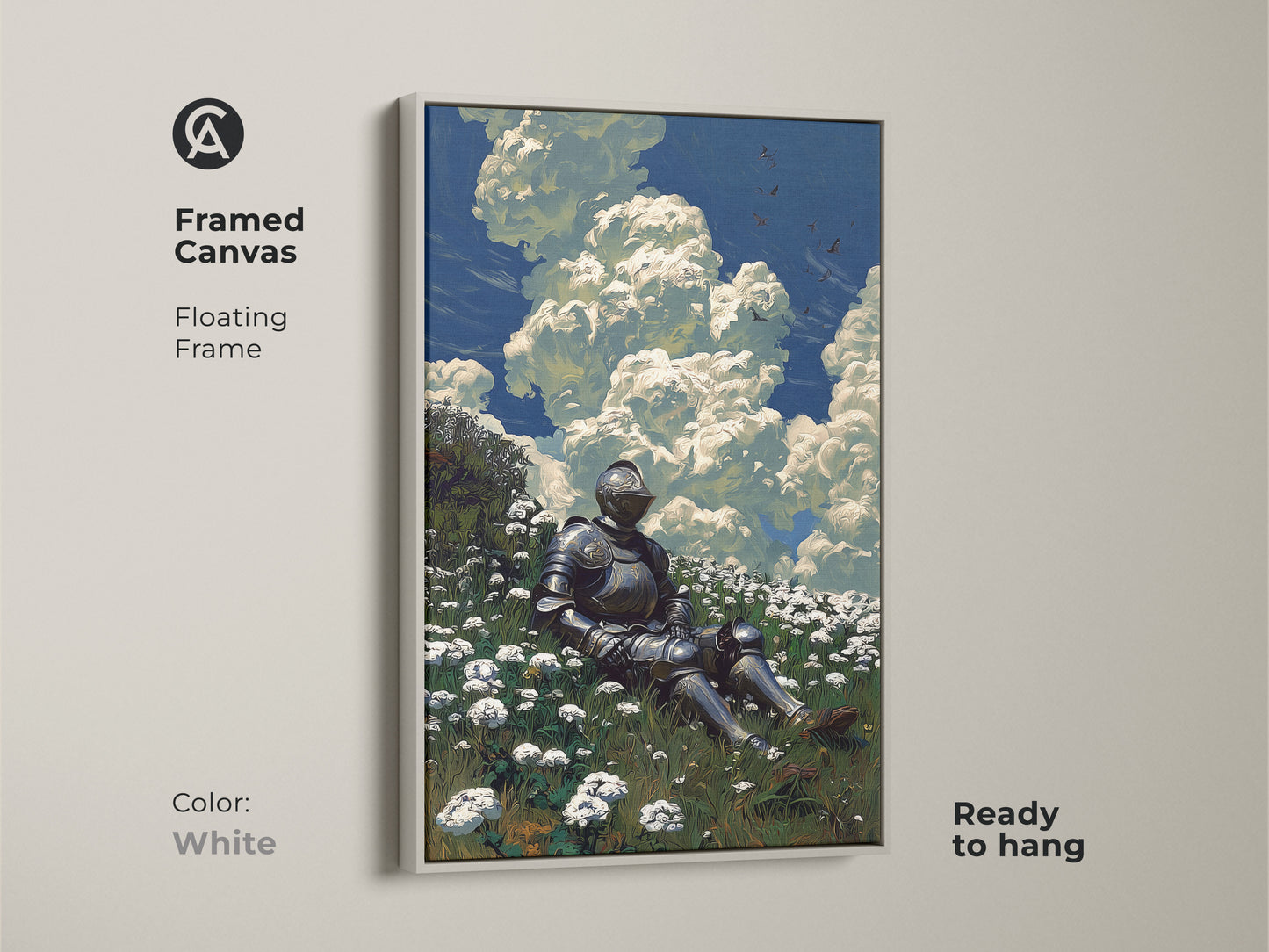 Framed canvas art features a knight resting in a field of flowers. The white floating frame accentuates the artwork. This fantasy art is ready to hang. It's perfect for home decor.