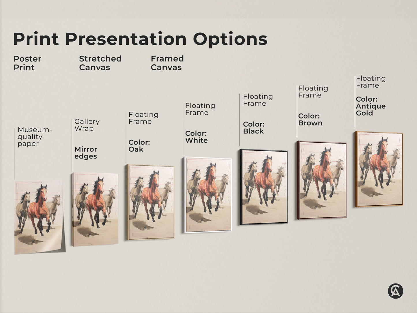 Explore print presentation options for rustic horse canvas art. Choose from poster prints stretched canvas or framed canvas. Find the perfect terracotta equestrian home decor style.