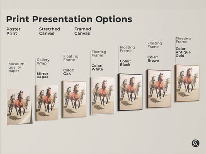 Explore print presentation options for rustic horse canvas art. Choose from poster prints stretched canvas or framed canvas. Find the perfect terracotta equestrian home decor style.
